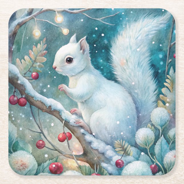 A White Squirrel Square Paper Coaster (Front)
