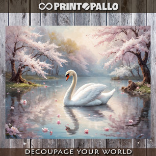 A white swan on a lake in a pink world - Decoupage Wrapping Paper Sheet