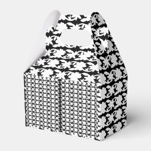 A white, symmetrical pattern featuring repetitive favor box