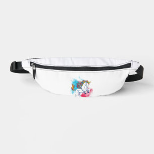 A white unicorn with rainbow tail which is ridden fanny pack