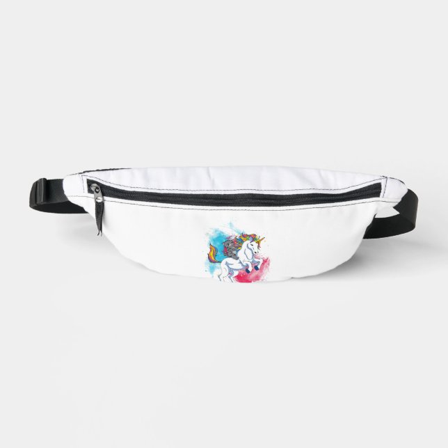 A white unicorn with rainbow tail which is ridden fanny pack (Front)