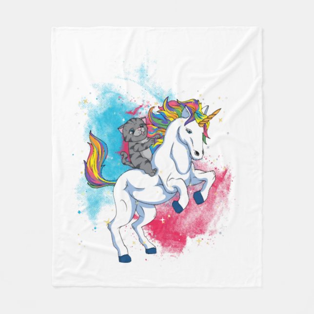 A white unicorn with rainbow tail which is ridden fleece blanket (Front)