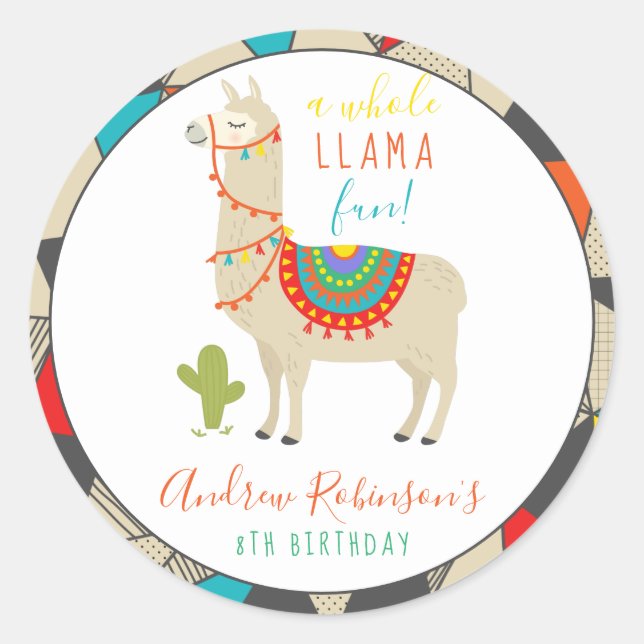 A Whole Llama Fun Animal Birthday Party Invitation Classic Round Sticker (Front)
