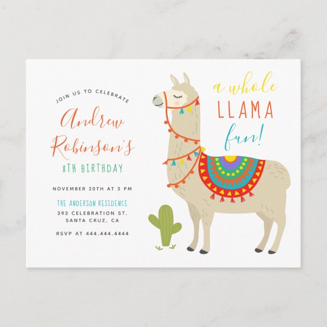 A Whole Llama Fun Animal Birthday Party Invitation Postcard (Front)