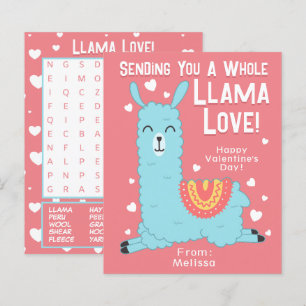 A Whole Llama Love Classroom Valentine's Day Card