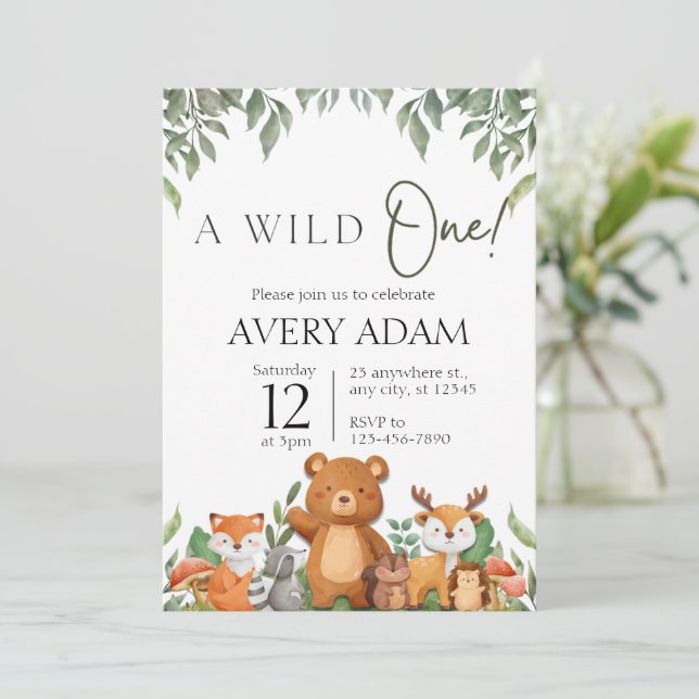 A wild ONE Greenery  Woodland Animals Baby Shower  Invitation (Standing Front)
