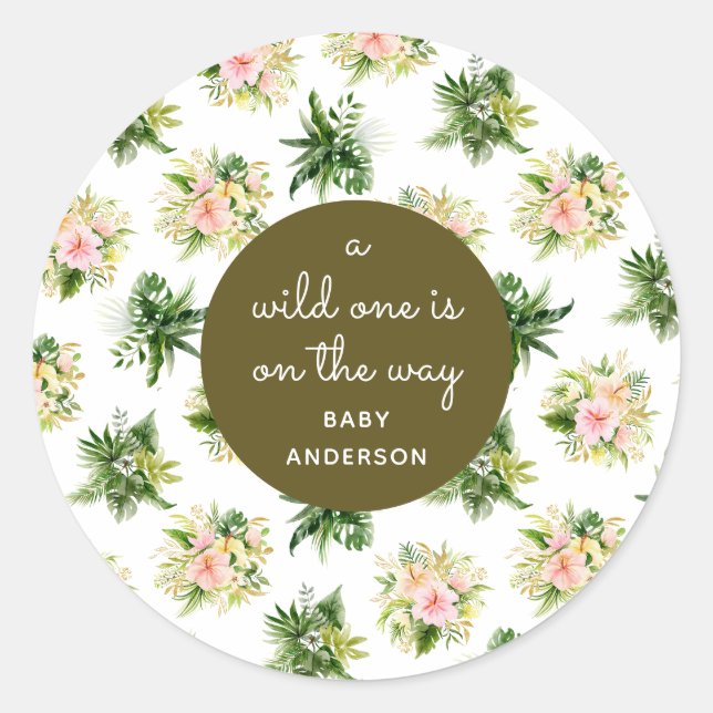 A Wild One is on the Way Foliage Baby Shower Classic Round Sticker (Front)