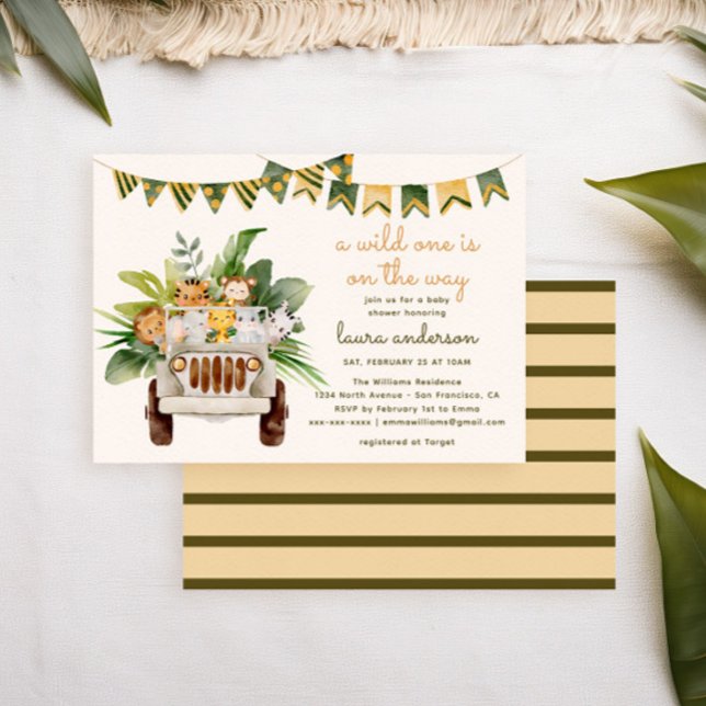 A Wild One Jungle Animals Safari Baby Shower Invitation (tropical baby shower invitation with watercolor jungle animals in a safari car)