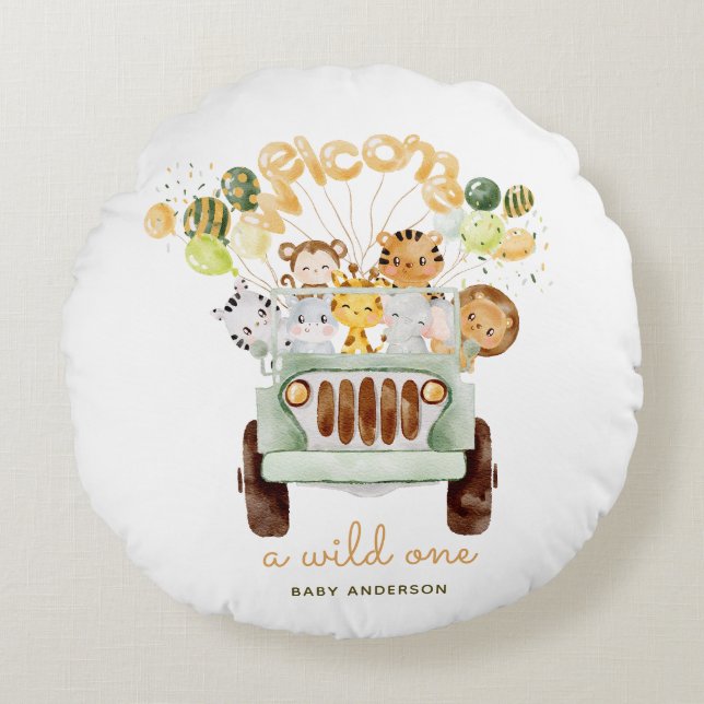 A Wild One Safari Car Baby Shower Round Pillow (Front)