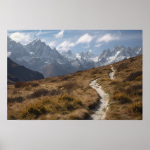 A winding path in the foothills below a mountain poster