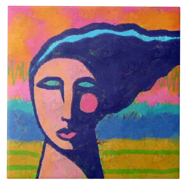 A Windy Day Abstract Digital Portrait of a Woman Tile (Front)