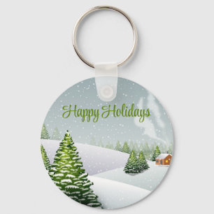 A winter day with a Christmas tree covered snow Keychain