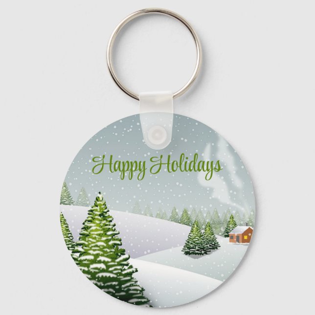 A winter day with a Christmas tree covered snow Keychain (Front)