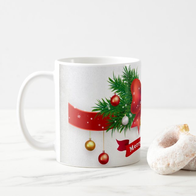 A winter day with a Christmas tree covered snow Tw Coffee Mug (With Donut)