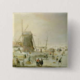 A winter scene with skaters by a windmill 2 inch square button