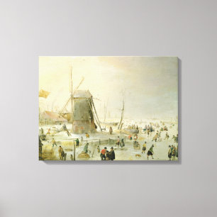 A winter scene with skaters by a windmill canvas print