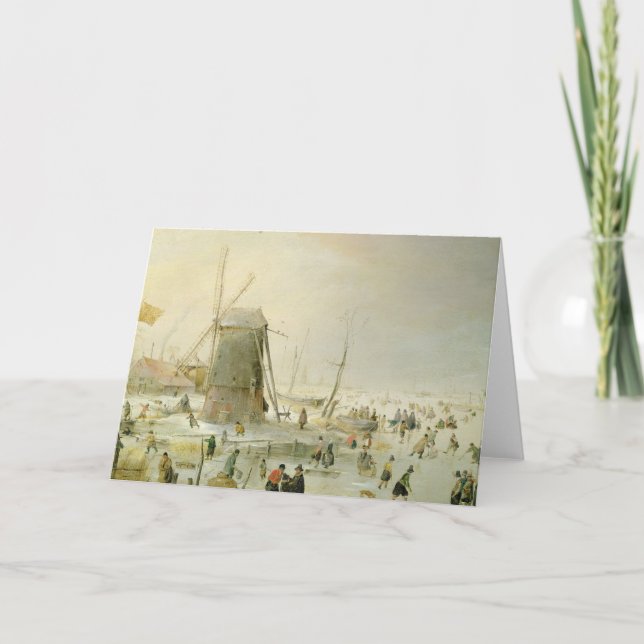 A winter scene with skaters by a windmill holiday card (Front)