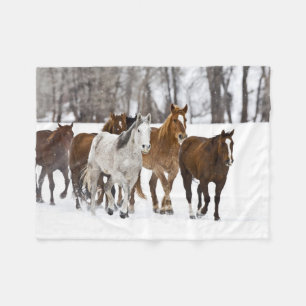 A Winter Scenic of Running Horses Fleece Blanket