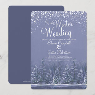 A winter wedding pine trees lake blue art invitation