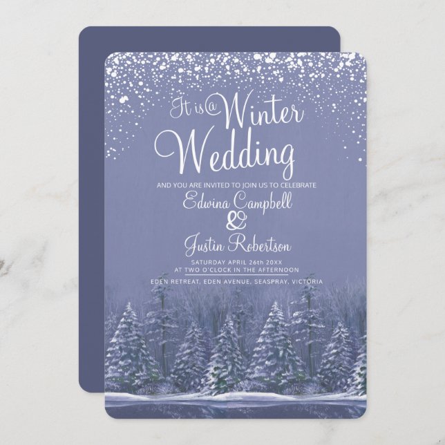 A winter wedding pine trees lake blue art invitation (Front/Back)
