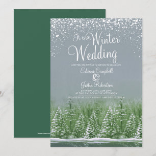 A winter wedding pine trees lake grey green art invitation