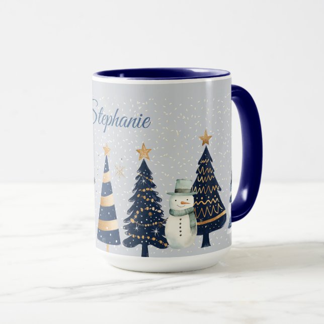 A Winter Wonderland - Two Snowmen - Blue and Gold Mug (Front Right)