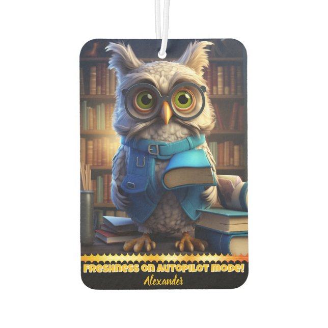 A wise owl surrounded by books in a cozy library air freshener (Back)
