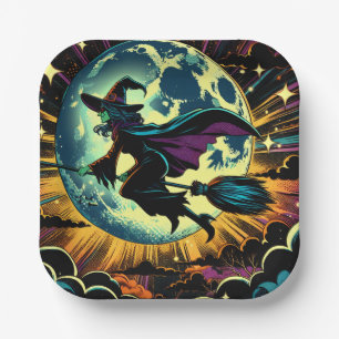 A Witch and a Full Moon Halloween Party Paper Plate