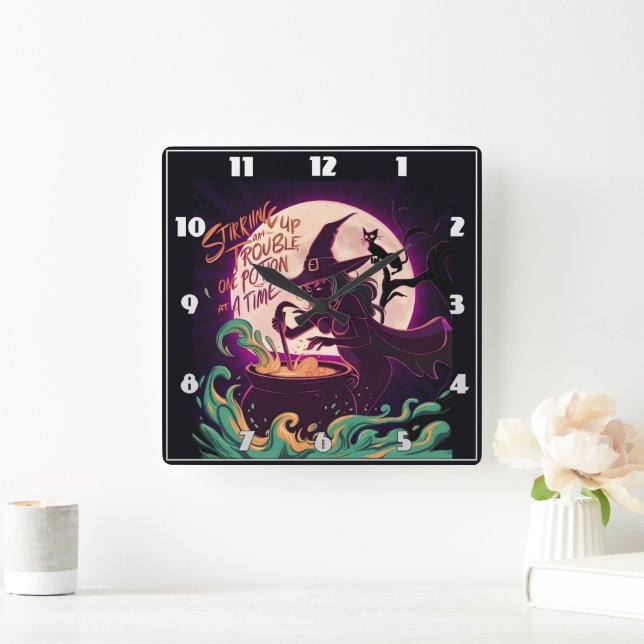 A witch brewing potions under a full moon square wall clock (Home)