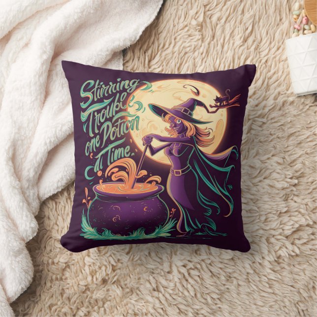 A witch brews potions under a full moon at night throw pillow (Blanket)