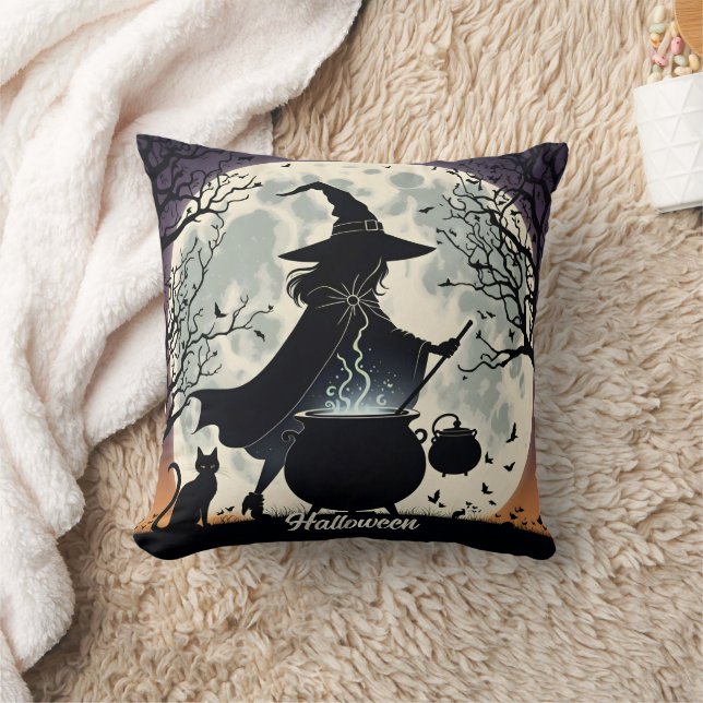 A witch brews potions under a glowing full moon throw pillow (Blanket)