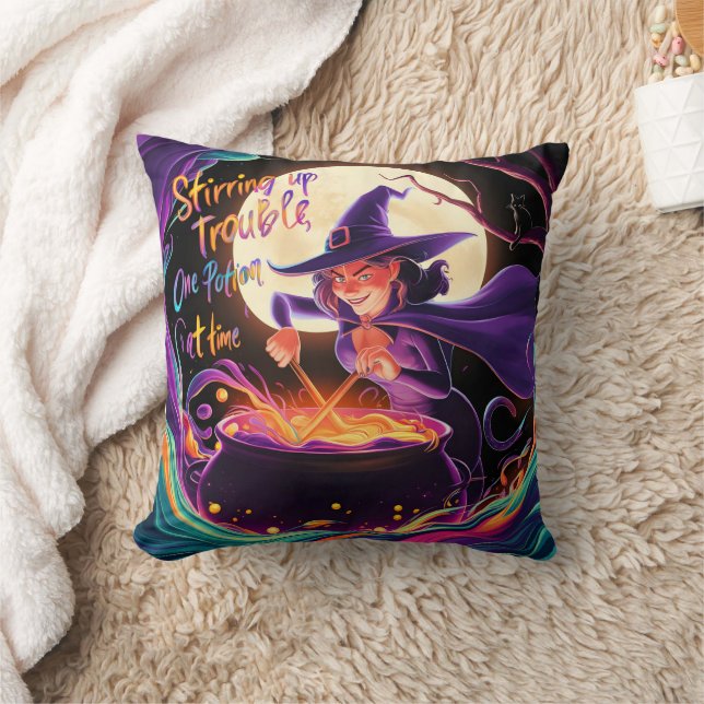 A witch brews potions under the full moon throw pillow (Blanket)