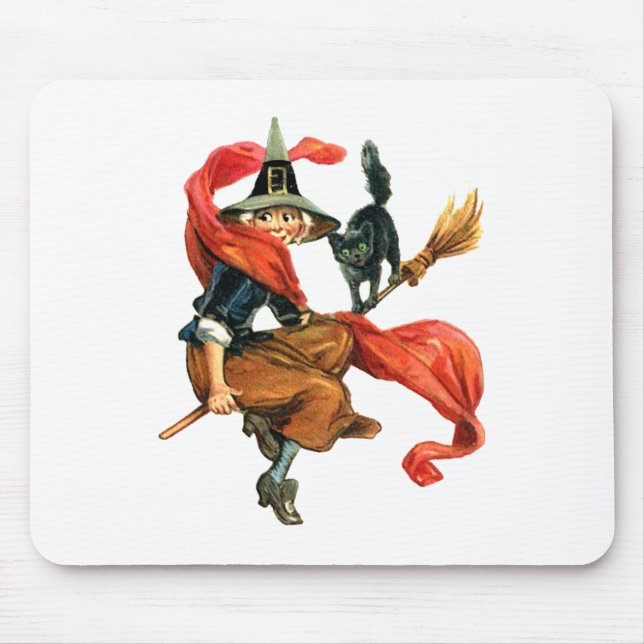 A Witch Flies on Her Broom with her Black Cat Mouse Pad (Front)