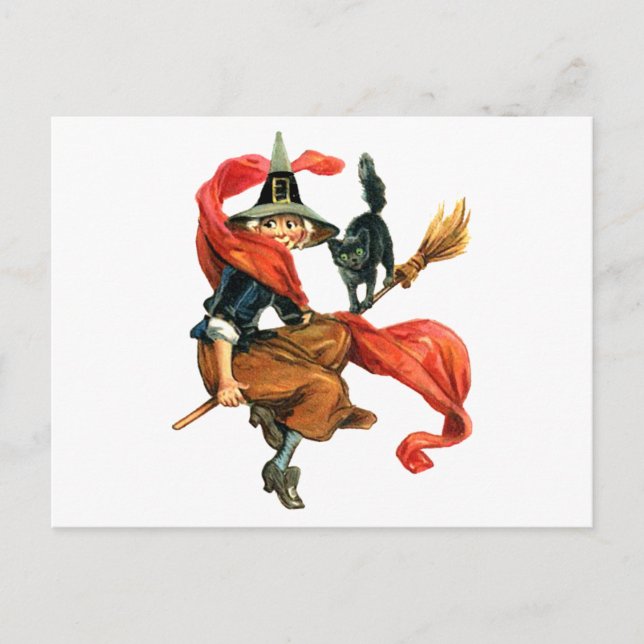 A Witch Flies on Her Broom with her Black Cat Postcard (Front)