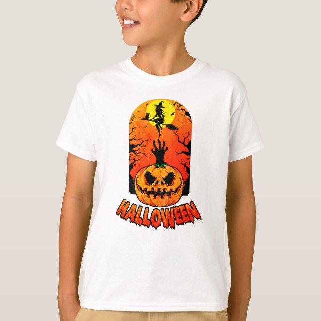 A Witch Flying Broom with Cat  against Full Moon T-Shirt (Front)