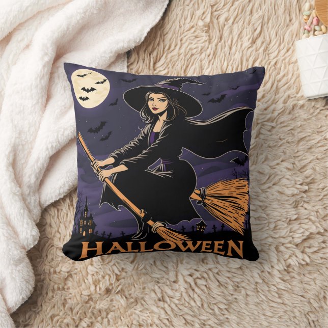 A witch flying over a haunted landscape at night throw pillow (Blanket)