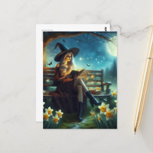 A Witch Reading Near the Daffodils at Night Postcard