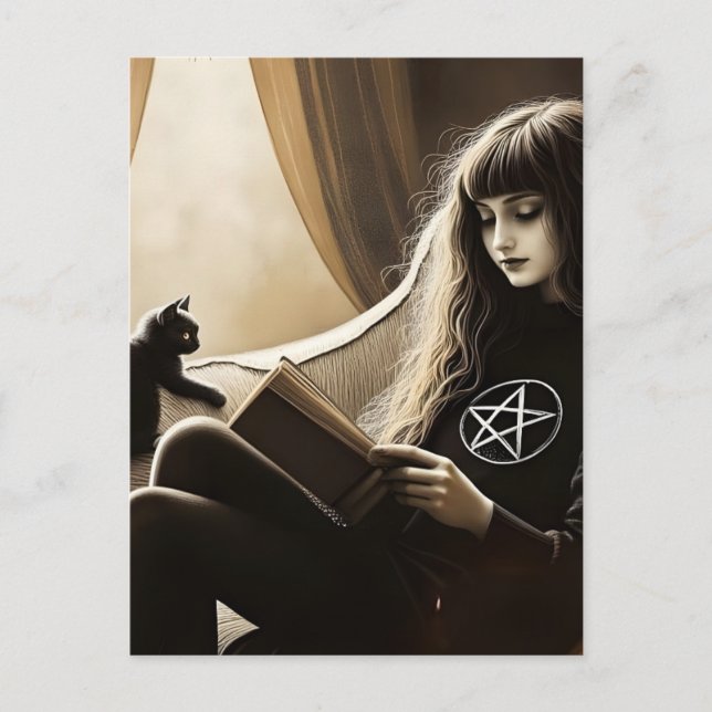 A witch reads with her black kitten postcard (Front)