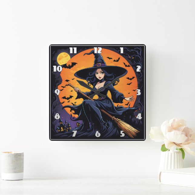 A witch rides her broom beneath a harvest moon square wall clock (Home)
