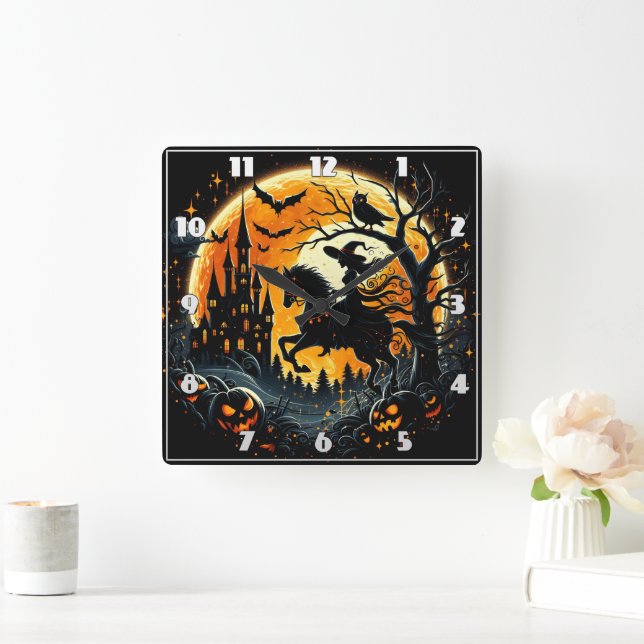 A witch rides under a spooky harvest moon square wall clock (Home)