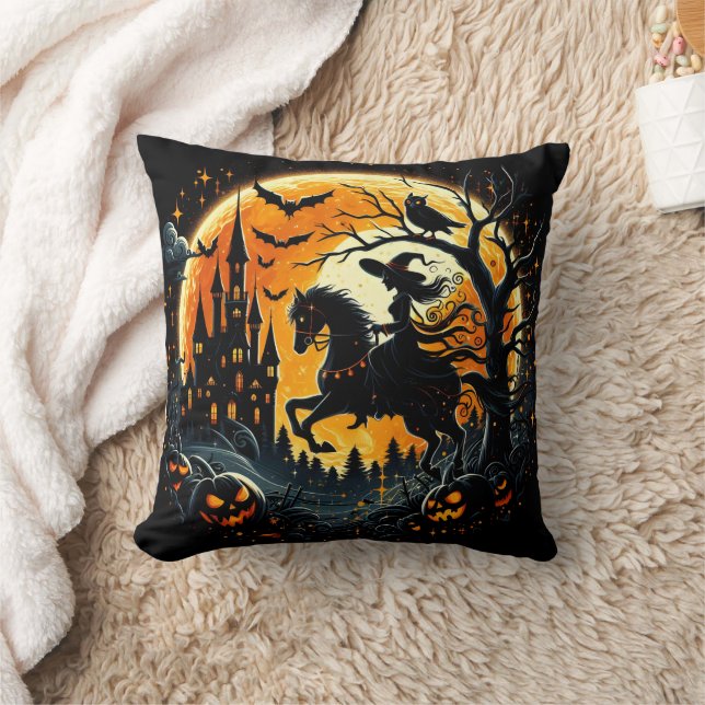 A witch rides under a spooky harvest moon throw pillow (Blanket)