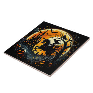 A witch rides under a spooky harvest moon tile