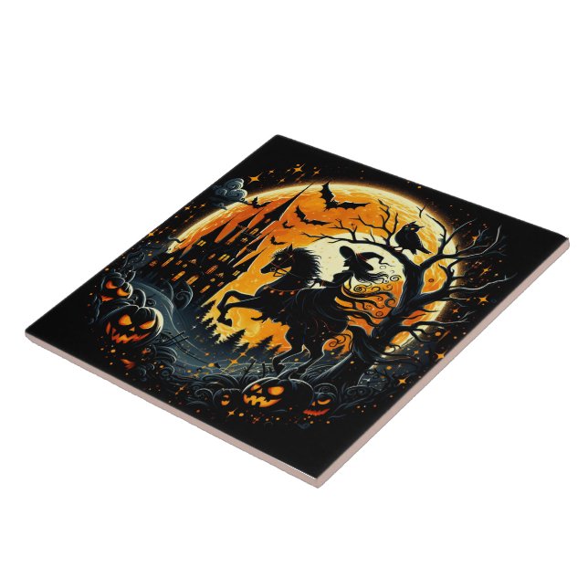 A witch rides under a spooky harvest moon tile (Side)