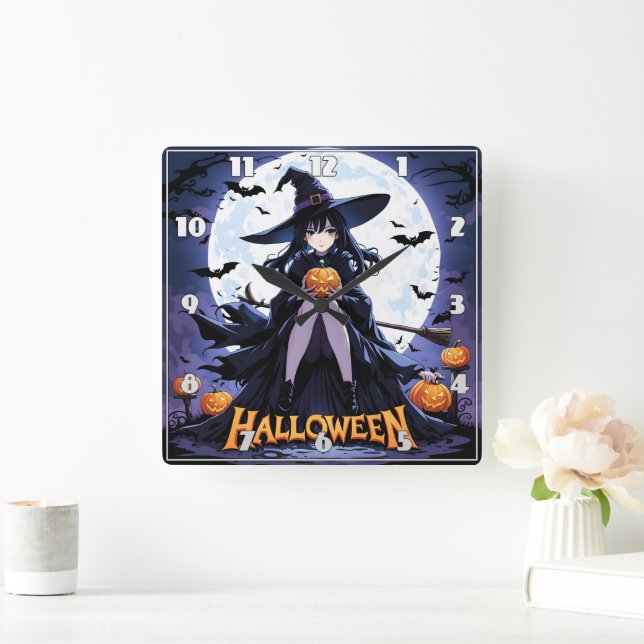 A witch with a pumpkin under a full moon square wall clock (Home)
