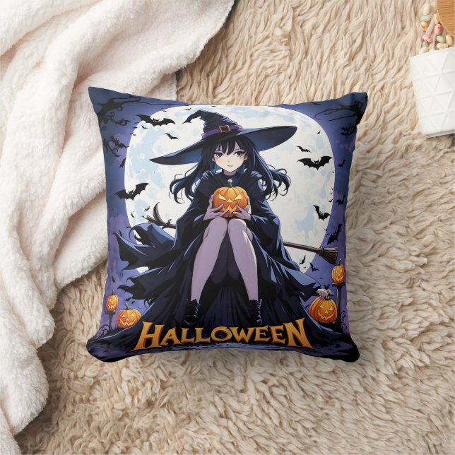 A witch with a pumpkin under a full moon throw pillow (Blanket)
