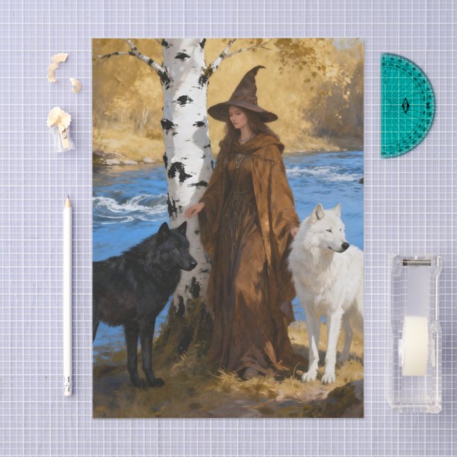 A Witch With Her Wolf Friends decoupage Tissue Paper (Craft)