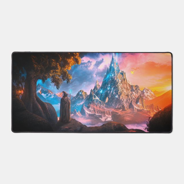 A Wizard overlooking a beautiful mountain Desk Mat (Front)