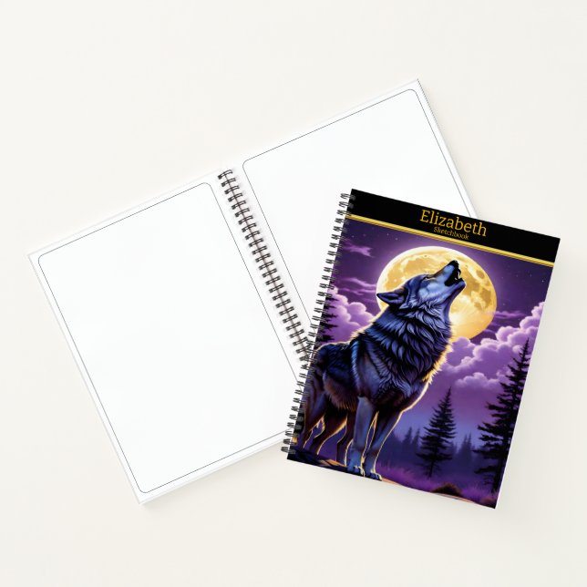 A wolf howling at the full moon on a sketchbook notebook (Inside)