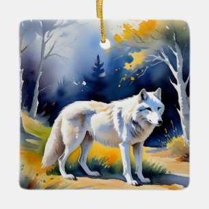 A wolf in a forest watercolor painting ceramic ornament