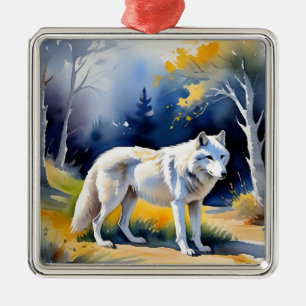 A wolf in a forest watercolor painting metal ornament